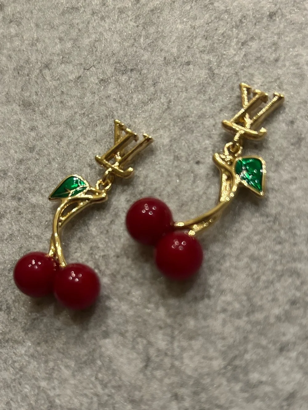 MUST HAVE…Gold-Tone Lettered Cherry Drop Earrings with Red Beads and Green Leaf - Picture 9 of 9